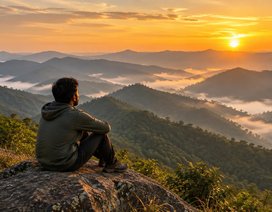 Man seated on a rock watching sunrise over misty mountains